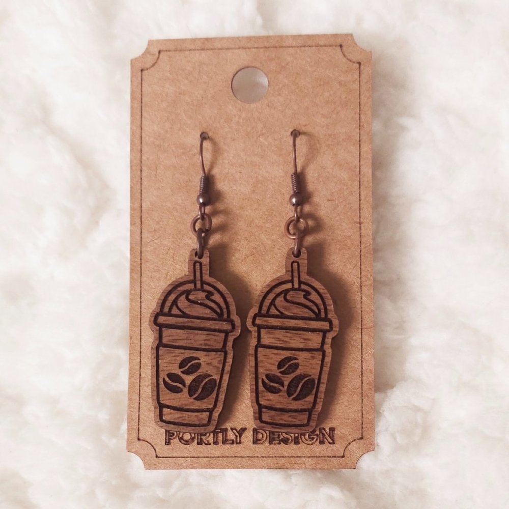 5/$25 Iced Coffee Frappuccino Earrings Dangle Wooden w/Coffee Beans